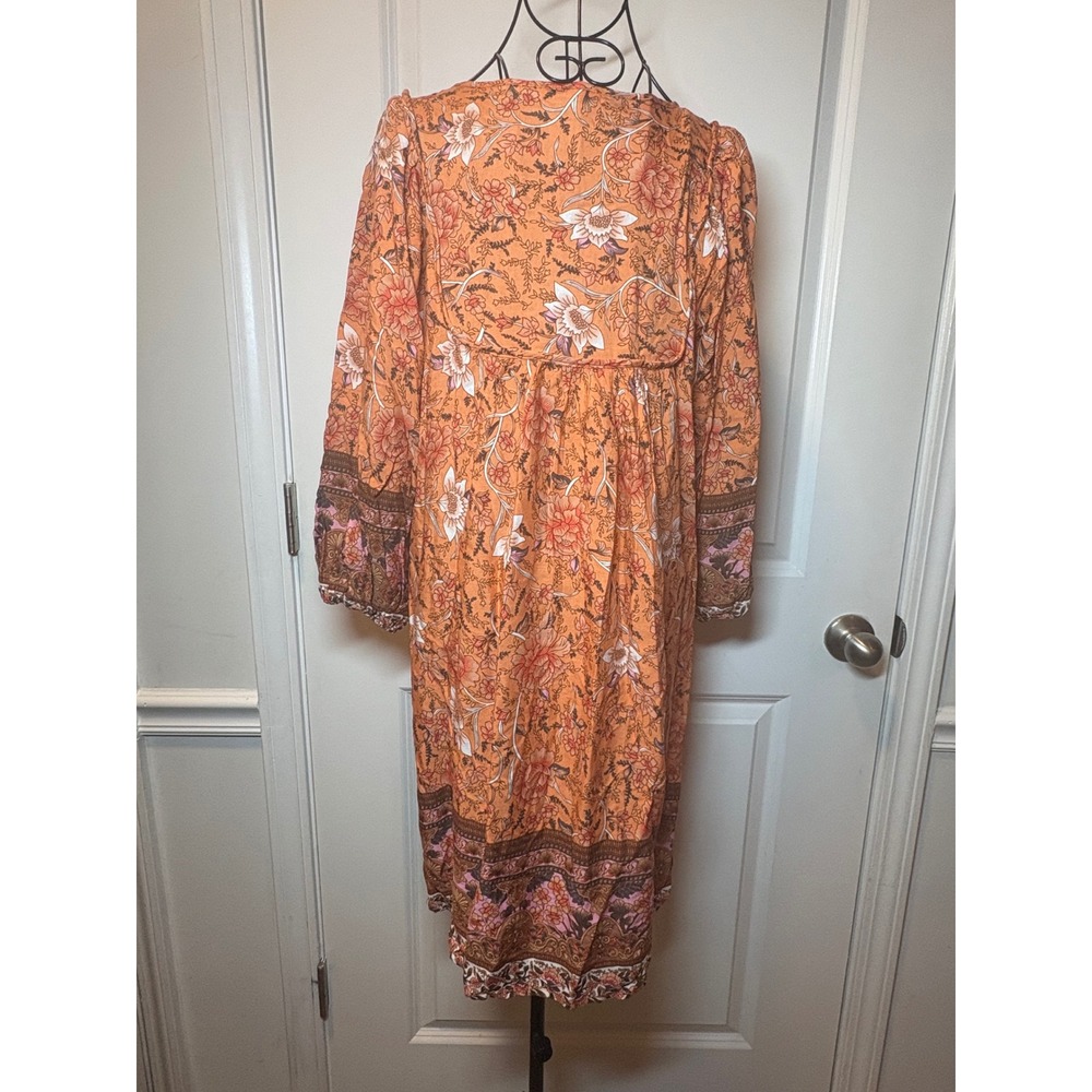 Bluetime Womens Boho Orange Floral Paisley Viscose Long Sleeve Midi Dress Medium - Picture 5 of 8
